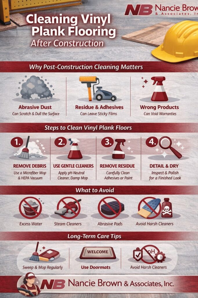 Infographic showing how to clean vinyl plank flooring after construction including steps, tips, and what to avoid
